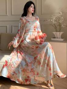 DAZY Đầm hoa nhí nữ, kiểu dáng tối giản và thời trang, thích hợp mặc hàng ngày, phong cách Boho, đầm tay dài mùa thu, đầm maxi đi nghỉ mát cho nữ. - Nhiều màu - Xem 1