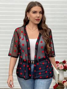 SHEIN LUNE Chaqueta corta transparente con corazón estampado para mujer de talla grande, Día de San Valentín, Amor/Amante, Corazón, Primavera, Verano, Día de San Valentín, Regalos de San Valentín, Atuendo de San Valentín