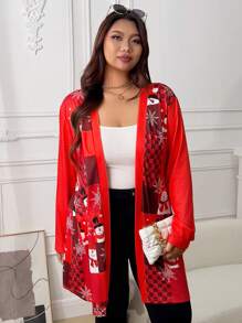 INAWLY 女士大码休闲雪人与雪花印花长款宽松夹克，秋季和春季新年服装