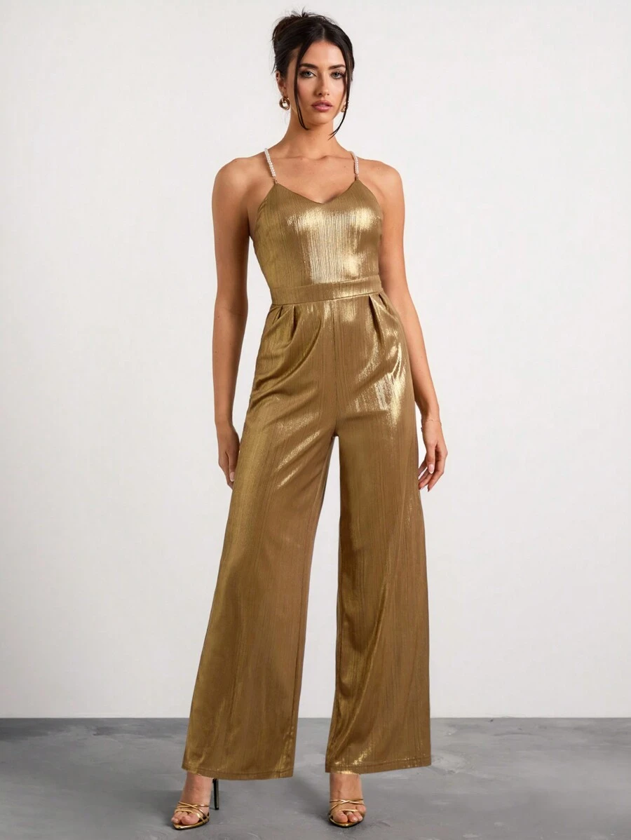 Glamine 新款串珠链条肩带高腰露背后拉链阔腿修身金色四季针织优雅女士长款连体裤，夜店装扮，情人节，情人节服装 - 金色 - 查看 1