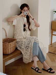 DAZY 女士蕾丝中长款背心式长款罩衫假日花朵夏季度假海滩 - 杏色 - 查看 3