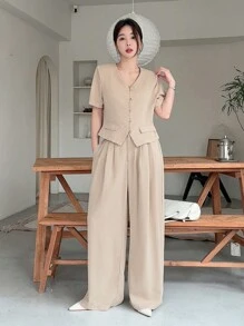 DAZY 2 件套春季休闲优雅都市风格短袖上衣和裤子套装，女士，情人节系列 - 卡其色 - 查看 6