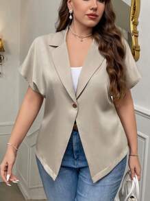 SHEIN Privé Plus Size Women Elegancka prosta jednokolorowa swobodna krótka rękaw dekolt w serek pojedynczy guzik w pasie ściągana talia khaki garniturowa kurtka, odpowiednia na wiosnę, lato i jesień