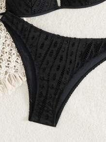 SHEIN Swim 夏季海滩度假游泳装女士聚拢钩针比基尼套装 - 黑色 - 查看 4
