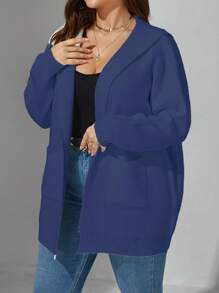 Calvaya Cardigan Wanita Ukuran Besar dengan Motif Huruf, Model Bahu Longgar, Model Berkerudung, Musim Dingin - Biru - View 3
