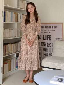 DAZY 女士碎花V领修身中长连衣裙，春秋季长袖连衣裙度假装 - 粉色 - 查看 5