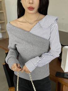 DAZY Blouse femme bicolore à rayures et patchwork, Top à manches longues pour l'automne - Gris - Voir 5