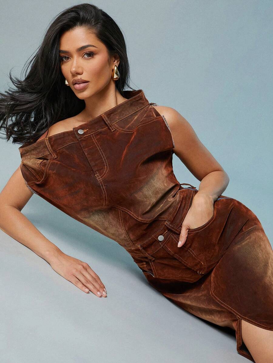 Denimoi Off Shoulder Velver Denim Split Front Dress - Brown - View 1