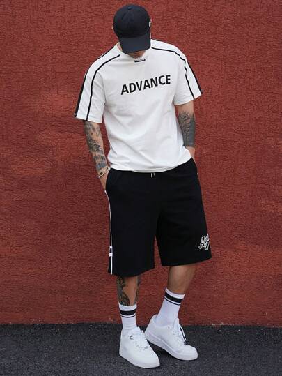 DAZY 2 件男士字母印花白色 T 恤和黑色短裤套装