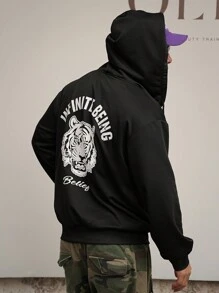 DAZY Sudadera con capucha negra con gráfico de tigre y letra para hombre, primavera