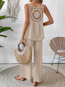 SHEIN PETITE Ensemble 2 pièces pour femmes, Top sans manches en lin décontracté à dos ajouré et pantalon large pour le printemps/été - Kaki - Voir 7