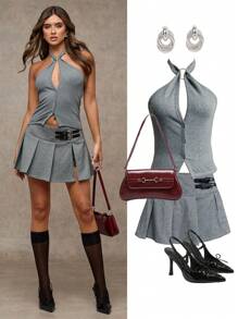 SHEIN BAE Women's Buckle Waist Design Pleated Short Mini Skirt - Grey - View 6