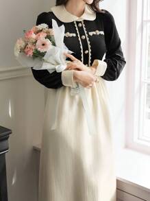 DAZY Elegant Patchwork Contrast Color Ruffle Decor Women Dress, Valentine's Day,Fall Clothes