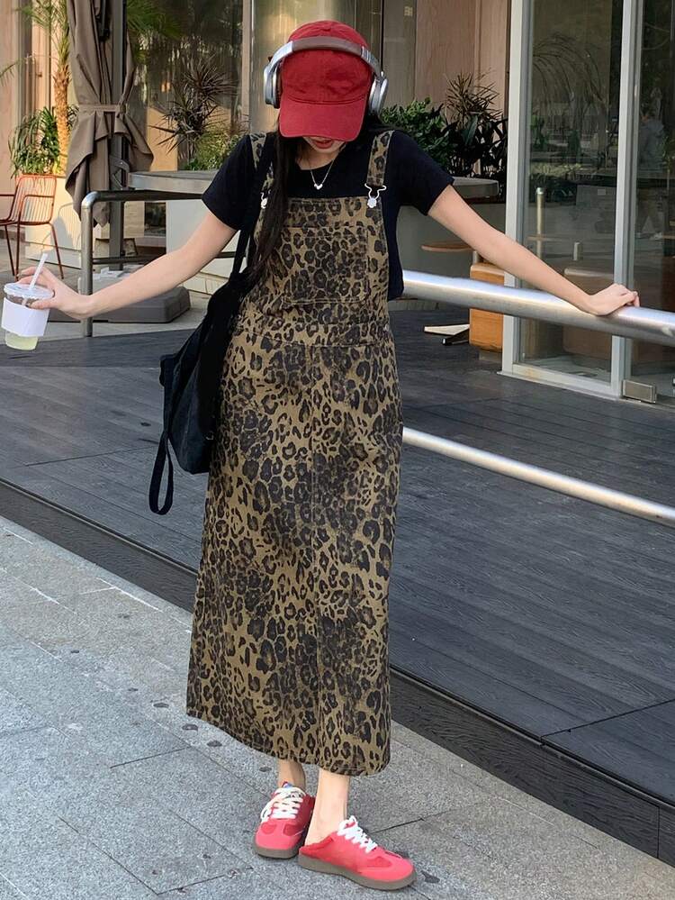 Nuevo vestido de verano de mujer casual y suelto con estampado de leopardo y tirantes de mezclilla con estampado de guepardo