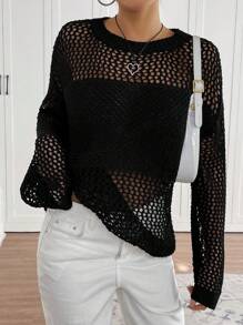 Chiquease Retro Elegant Round Neck Hollow-Out Sheer Design Loose Versatile Long Sleeve Knit Cardigan Sweater For Women Knit Pullover Fall Winter Sweater - Black - View 6