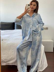 Livesso 2 件套女士豹纹宽松长袖衬衫和阔腿裤套装，适合春夏、秋季度假休闲装 - 藍色 - 查看 6