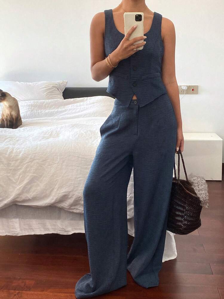 Conjunto de 2 piezas para mujer con chaleco y pantalones, ropa casual de uso diario de estilo minimalista y de moda