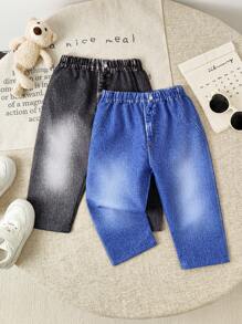 2pcs/Set Baby Boys Denim Effect Pants Set, Designed For Fashionable Baby Boy, Includes Two Comfortable Denim-Print Pants. The Denim Effect Design Not Only Offers A Stylish Look, But Also Provides Soft And Comfortable Wear, Suitable For Spring/Autumn And Various Daily Activities