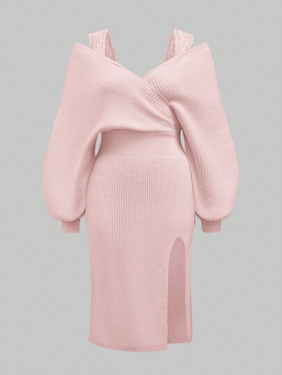 Kawaii Robe pull en tricot à col en V, patchwork en dentelle, manches lanternes, ourlet fendu pour femmes grande taille