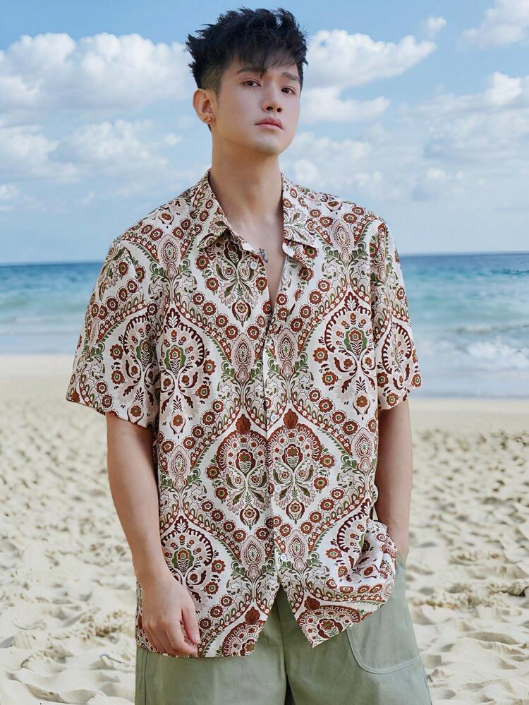 Men's Beach Vacation Floral Print Short Sleeve Shirt,Fall Clothes