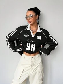 Coolane Women's Fall/Winter Streetwear Going Out Sportswear Graphics Over Size Long Sleeve Black Jersey T-Shirt - Black - View 3