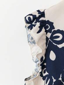 Linhara Setelan 2 Potong Atasan Lengan Pendek Motif Retro dan Celana Panjang untuk Wanita Ukuran Besar, Cocok untuk Musim Panas. - Navy Blue - View 4
