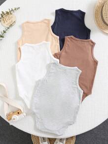 SHEIN Leap Crew 5件套新生儿男女宝宝无袖纯色针织连体衣，夏季基础款连体衣套装 - 彩色 - 查看 2