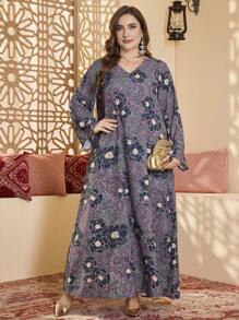 Al Najma Plus Size Style Women Rhinestone Decor Printed Dress - Multicolor - View 3