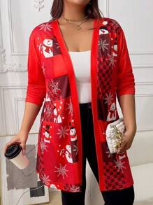 INAWLY 女士大码休闲雪人与雪花印花长款宽松夹克，秋季和春季新年服装