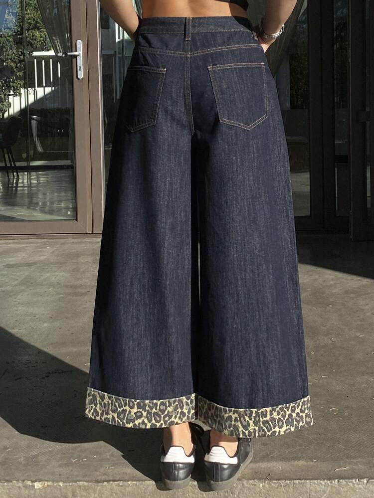 Women's Straight Leg Leopard Print Patchwork Jeans With Pockets Boho Cheetah Print