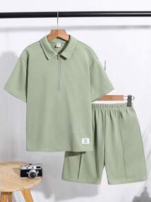 SHEIN Leap Crew Conjunto informal de 2 piezas con camisa de cuello polo de manga corta y pantalones cortos para niño preadolescente - Verde militar - Ver 8