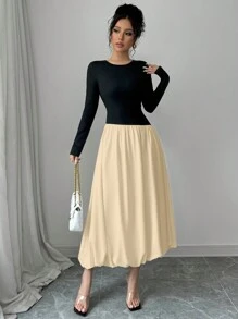 Chiquease Women Contrast Color Round Neck Long Sleeve Pleated Elegant Mid-Length Dress