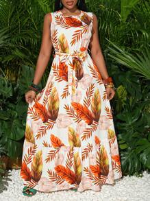 Slaydiva Beach New Spring And Summer Leisure Vacation Round Neck Sleeveless Waist Band Bow Design A-Swing Ruffled Hem Plant Print Women's Extra Long Dress - Multicolor - View 1