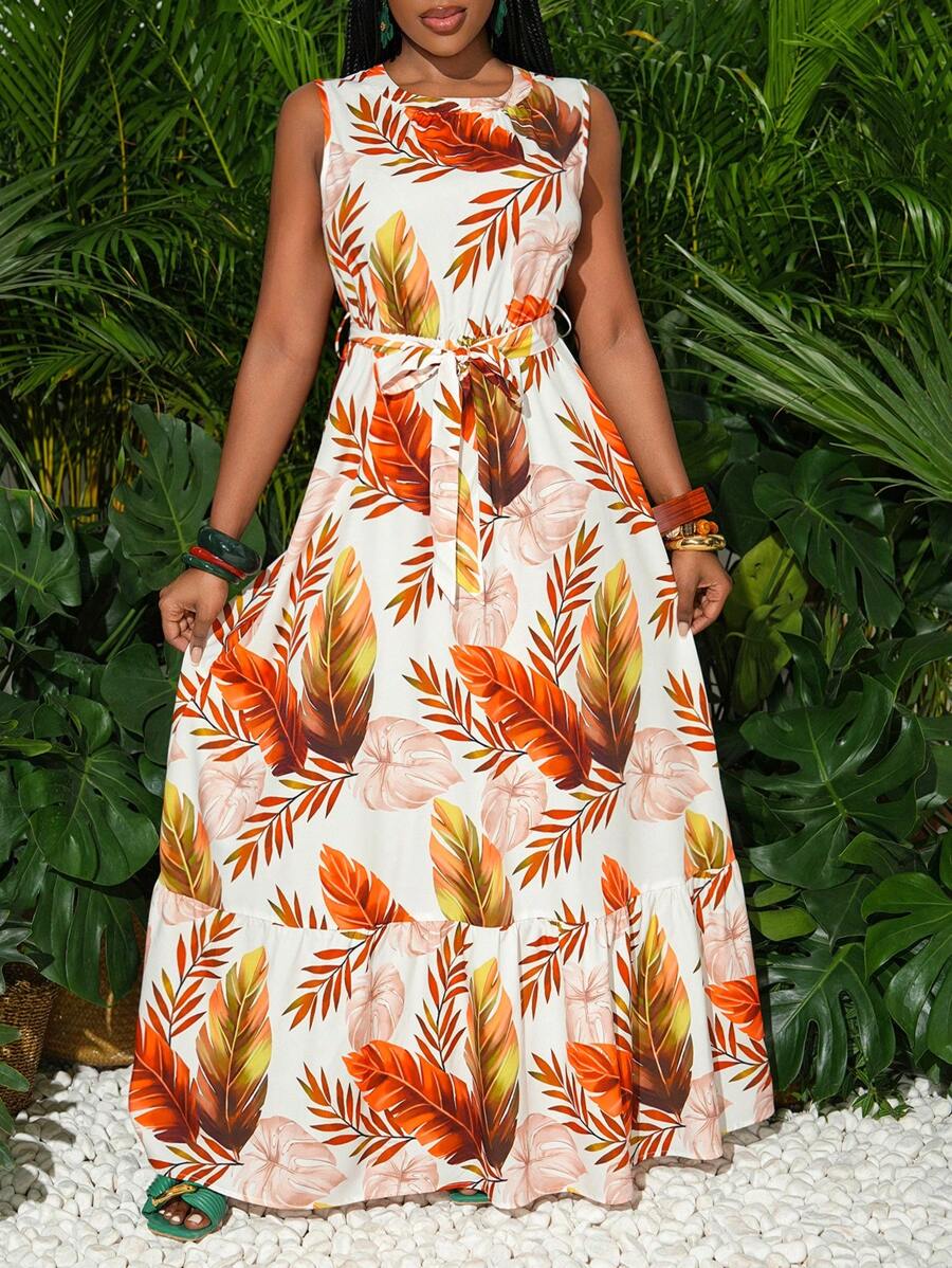 Slaydiva Beach New Spring And Summer Leisure Vacation Round Neck Sleeveless Waist Band Bow Design A-Swing Ruffled Hem Plant Print Women's Extra Long Dress - Multicolor - View 1