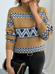 SHEIN LUNE Women High Neck Fashionable Jacquard Versatile Pullover Knit Sweater, Autumn/Winter Knit Pullover Fall Outfit