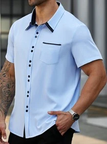 Manfinity Homme Plus Size Men's Colorblock Short Sleeve Single-Breasted Pocket Casual Shirt - Blue - View 4