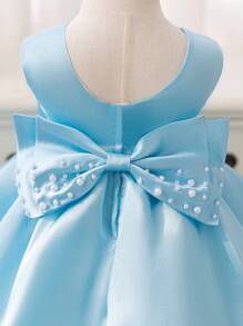 Glamorique Kids Váy công chúa lưới in hình ông già Noel màu trắng dự tiệc Giáng sinh cho bé gái, Váy phù dâu cưới màu trắng thanh lịch có nơ lớn đính cườm thủ công, Váy công chúa dự tiệc sinh nhật - Màu xanh lam - Xem 3