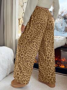 SHEIN EZwear 大码女式灯芯绒豹纹休闲阔腿裤 - 卡其色 - 查看 2