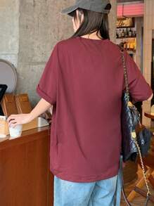 DAZY Women Letter & Rabbit Graphic Loose Short Sleeve T-Shirt Oversized T-Shirt - Burgundy - View 5