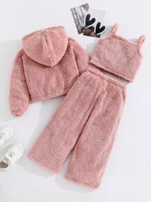 SHEIN 3-Piece Set: Knit Solid Color Furry Vest + Knit Cropped Hooded Cardigan + Knit Loose Fit Long Pants For Young Girls