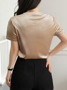 DAZY New Spring/Summer Casual Solid Color Velvet Women T-Shirt - Khaki - View 2