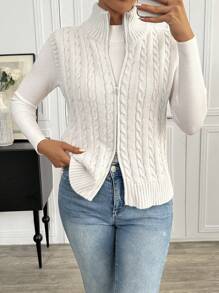 SHEIN LUNE Women Stand Collar Cardigan Sweater Vest, High-Quality Zipper Design, Versatile For Autumn/Winter - Grey - View 6