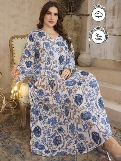 Al Najma Plus Size Floral Print V-Neck Long Sleeve Loose Casual Spring/Autumn Dress Fall Cloth For Women