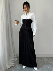 Chiquease Conjunto de 2 piezas de blusa ajustada con bloques de color elegante y falda con dobladillo plisado para mujer, para otoño