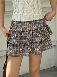 Jouncy Women's Plaid Elastic Waist Casual Skirt, Daily Wear - Khaki - View 7