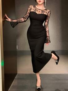 DAZY 透明网眼蕾丝拼接长裙，喇叭袖，美人鱼下摆，女士度假装，春秋季优雅正式女装长袖连衣裙舞会礼服