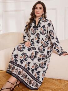 Lacomfia Vestido elegante de cuello en V, con encaje floral y parches, talla grande - Multicolor - Ver 6
