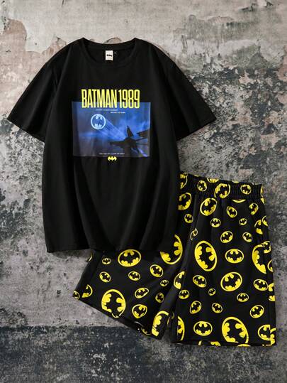 BATMAN X SHEIN 85th Men's Casual Slim-Fit Knit Classic Logo Print Black Short Sleeve Tee And Allover Print Shorts 2 Pieces Set, Fall Clothes