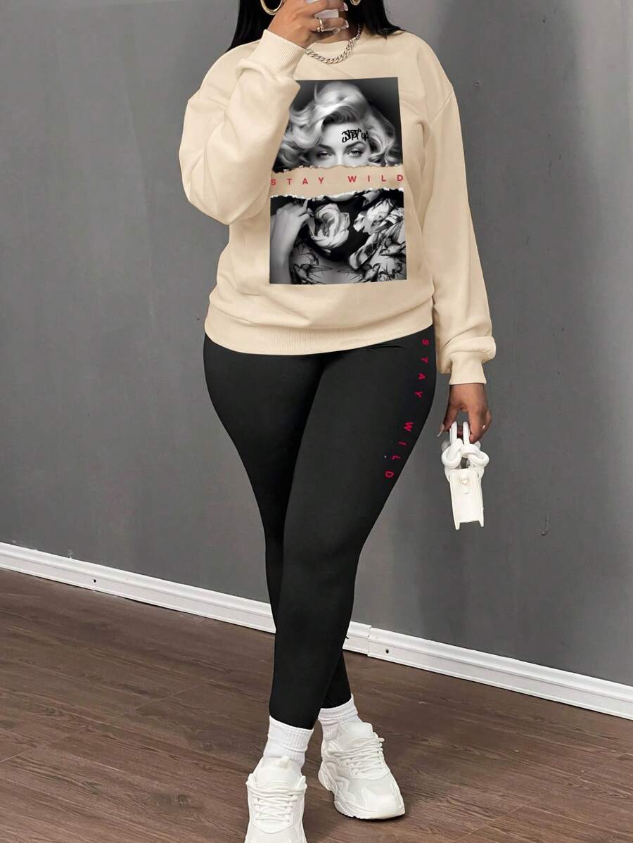 Slaydiva Set de 2 piezas con sudadera de cuello redondo holgada con estampado de retrato y floral, y pantalones ajustados tipo leggings, adecuado para otoño/invierno - Albaricoque - Ver 1