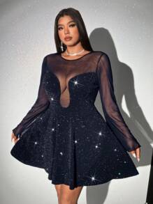 Viva Relle Vestido con volantes de talla grande para mujer con parches de malla y lentejuelas